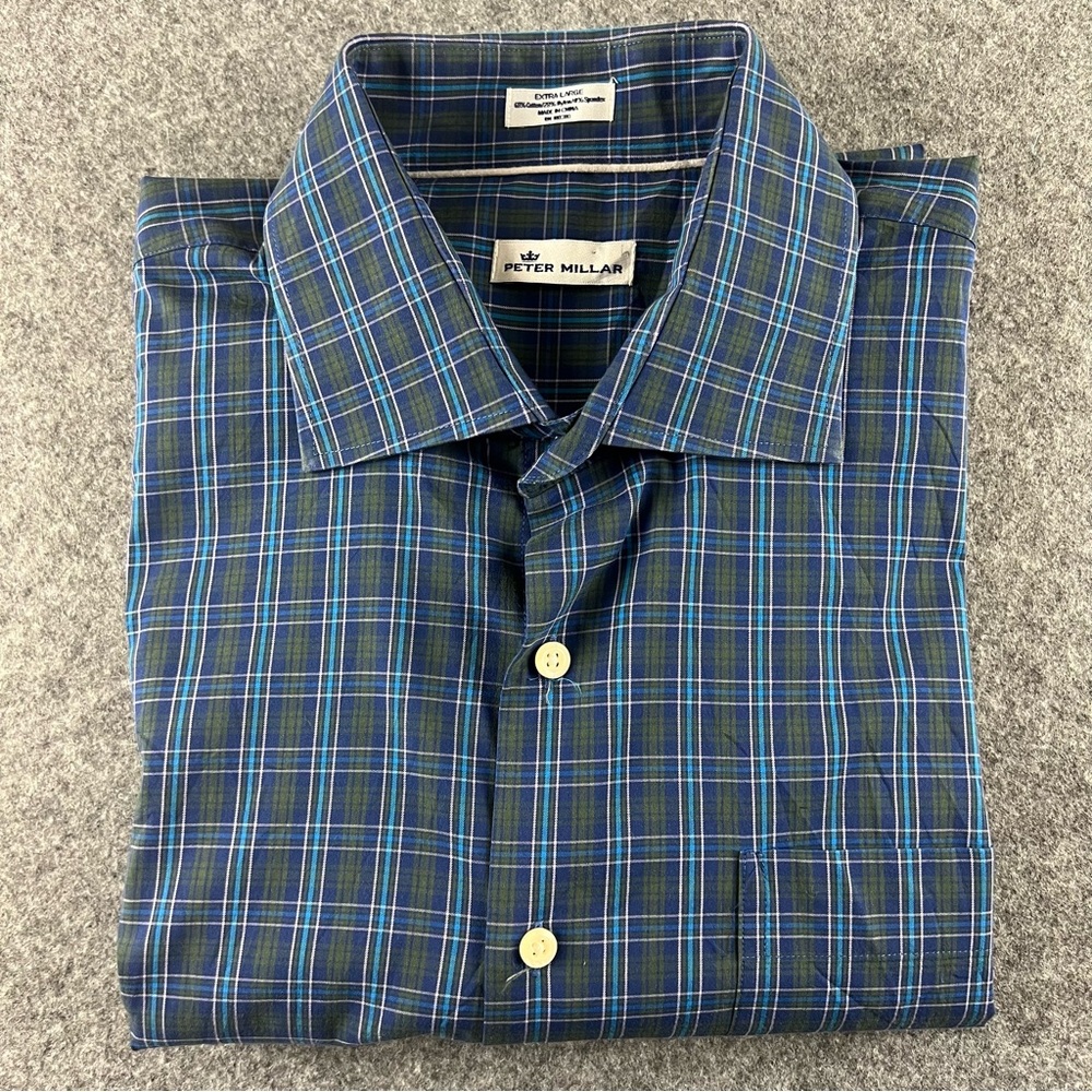Peter Millar Shirt Mens X-Large Blue Green Plaid Collared Business Preppy